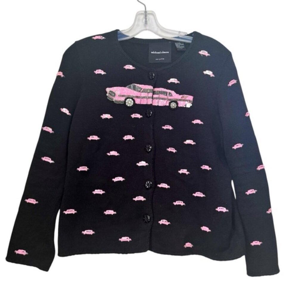 Michael Simon Vintage Pink Cadillac Sequin Beads Cardigan Sweater Cotton Whimsy